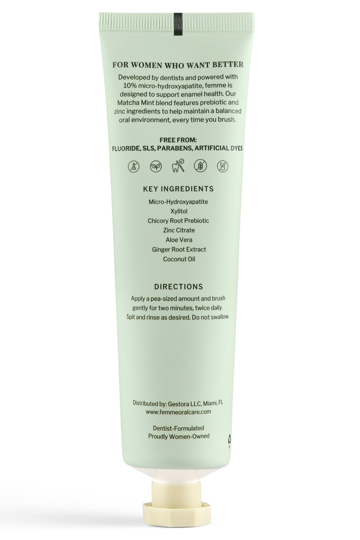 Back of Femme Oral Care Hydroxyapatite Toothpaste Tube
