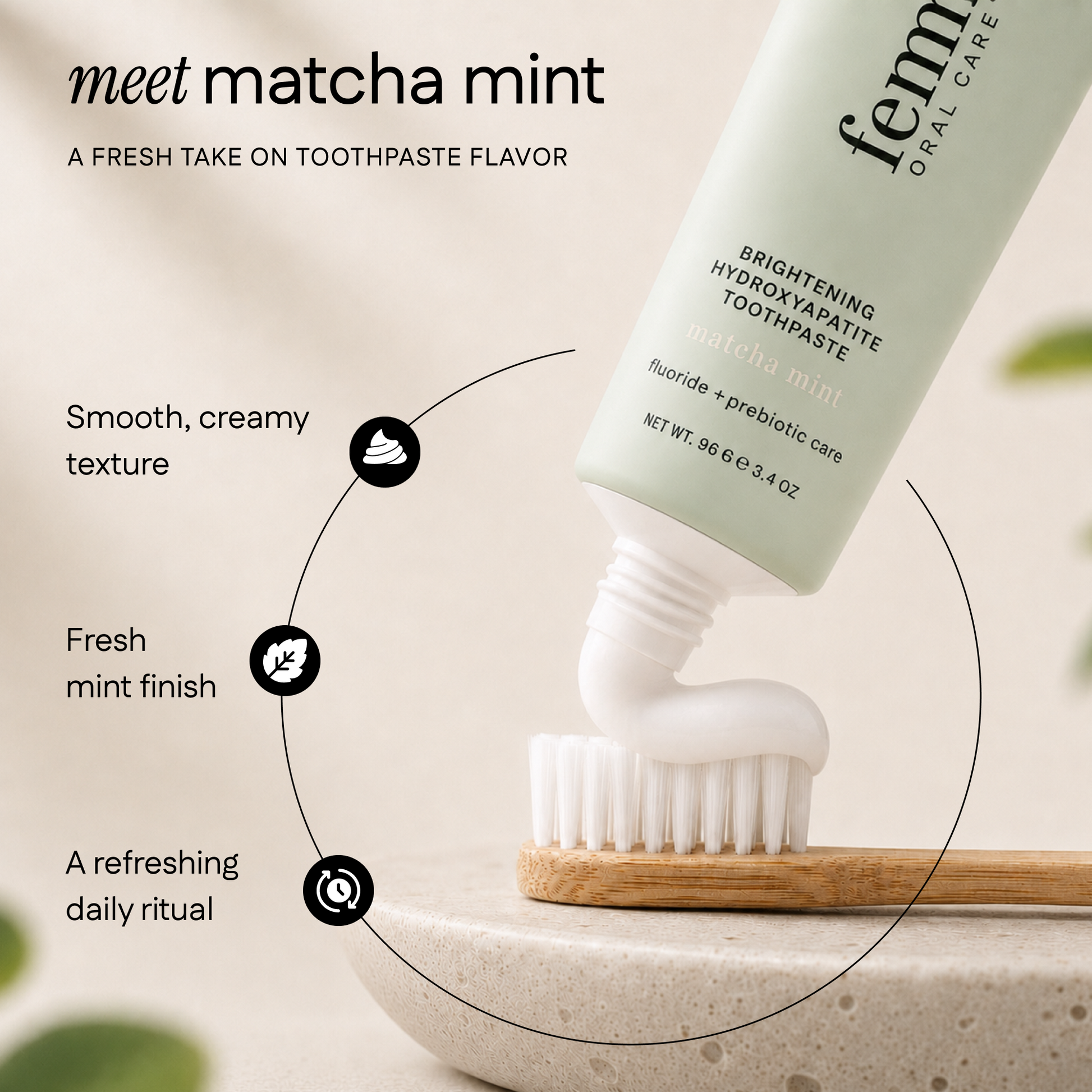 Tube of Femme Oral Care toothpaste explaining matcha mint flavor