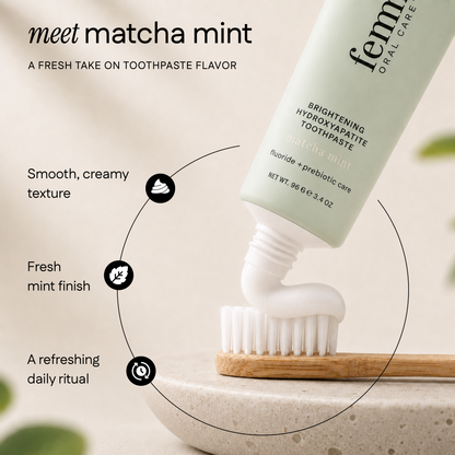 Tube of Femme Oral Care toothpaste explaining matcha mint flavor