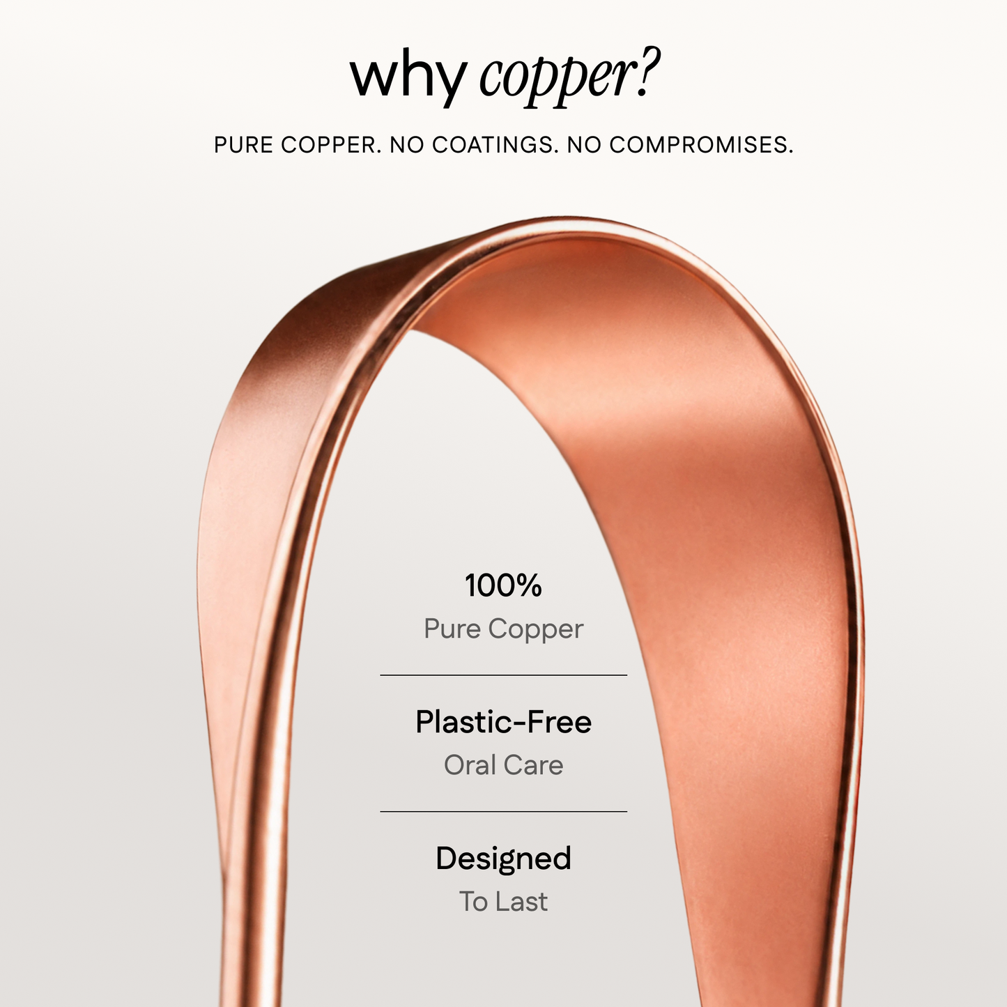 A close up of tongue scraper explaining why copper