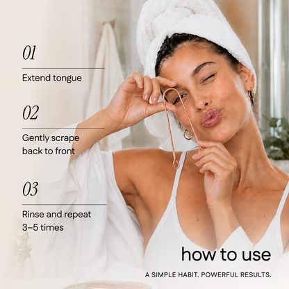 Woman holding Femme tongue scraper and explanation of how to use product
