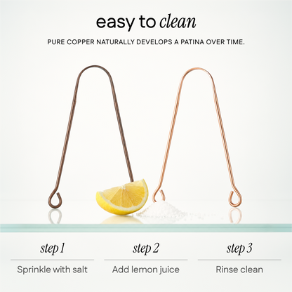Two copper-colored metal cleaning tools on a white background with text reading 'easy to clean' and steps for maintenance.